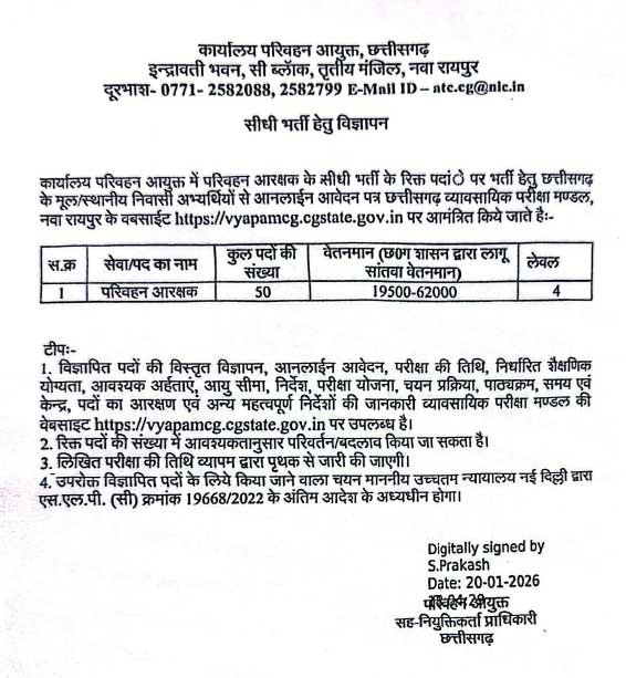 Chhattisgarh Parivahan Vibhag Recruitment 2026